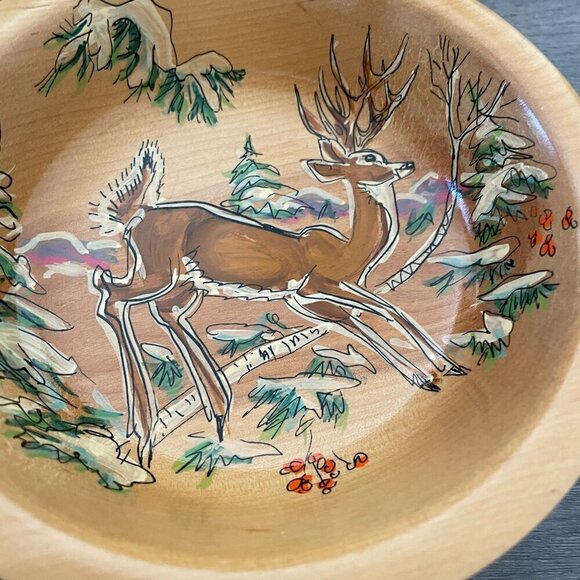 Vintage 50s Wildlife of Birchland Vermont Folk Art Handmade Deer Wood 2 Bowl Set - Picture 4 of 6